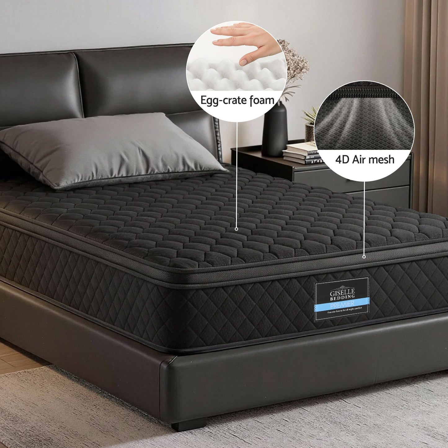 Giselle Bedding King Single Mattress 34cm Euro Top with 5-Zone Pocket Spring Support Black
