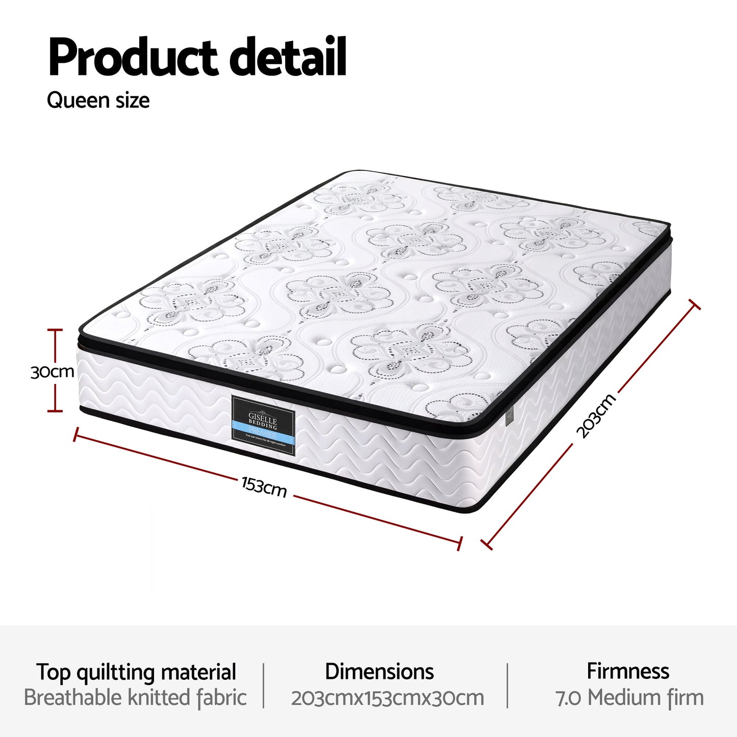 Queen Mattress 30cm Pocket Spring Euro Top Medium Firm Foam by Giselle Bedding