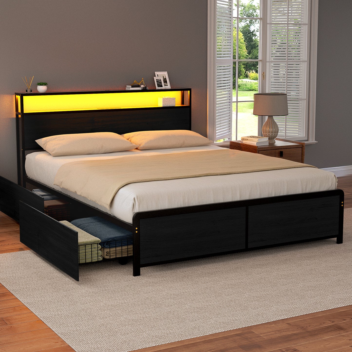 Queen Metal Bed Frame Size Storage Headboard Charge Station LED 4 Drawers by Artiss