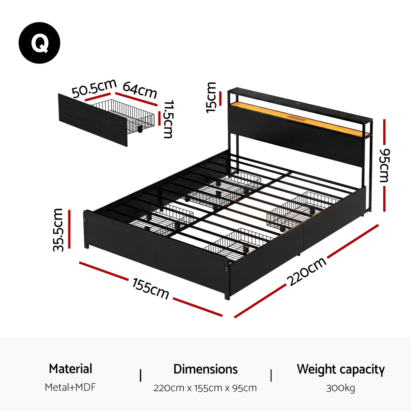 Queen Metal Bed Frame Size Storage Headboard Charge Station LED 4 Drawers by Artiss