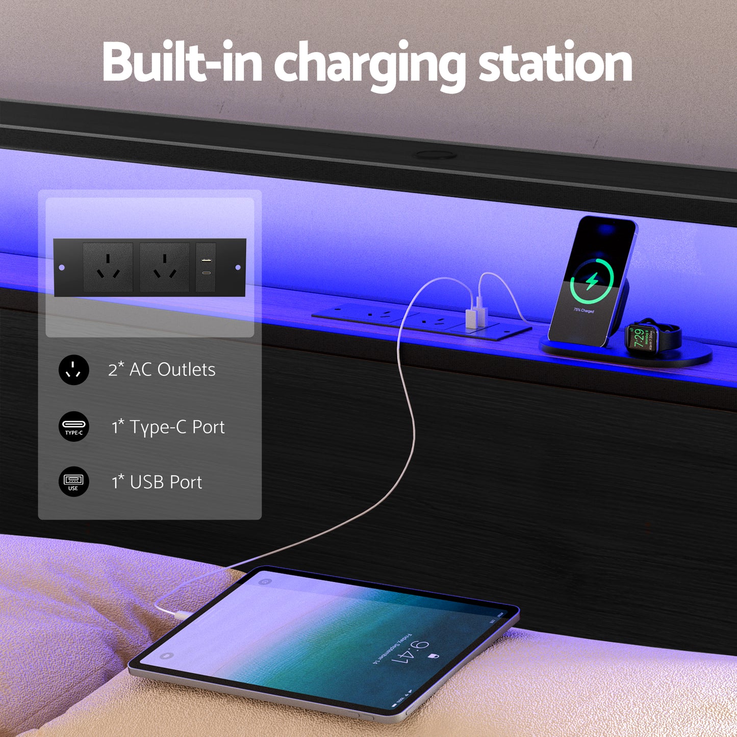 Queen Metal Bed Frame Size Storage Headboard Charge Station LED 4 Drawers by Artiss