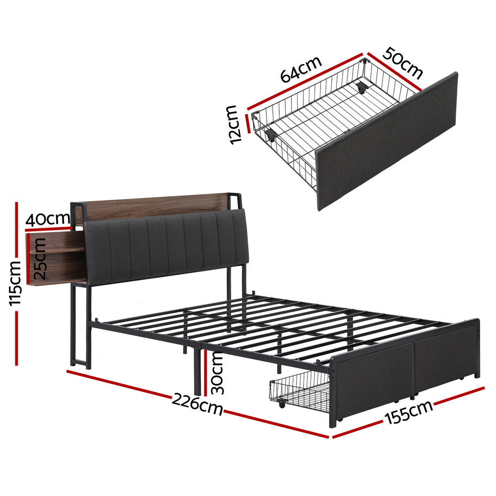 Queen Metal Bed Frame Size with 2-Tier Hidden Storage with Charging Station by Artiss