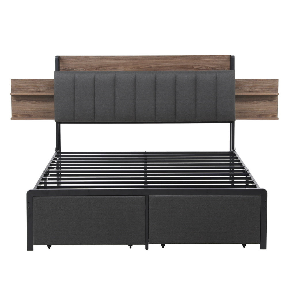 Queen Metal Bed Frame Size with 2-Tier Hidden Storage with Charging Station by Artiss