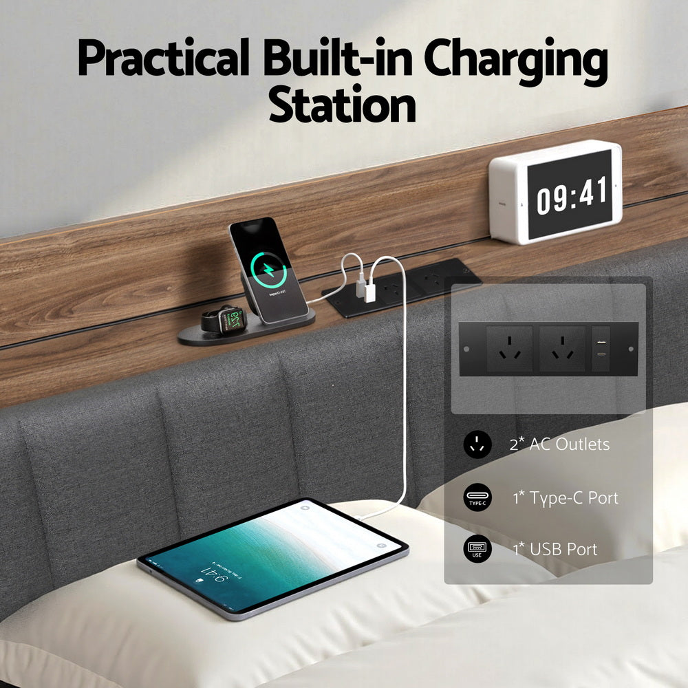 Queen Metal Bed Frame Size with 2-Tier Hidden Storage with Charging Station by Artiss