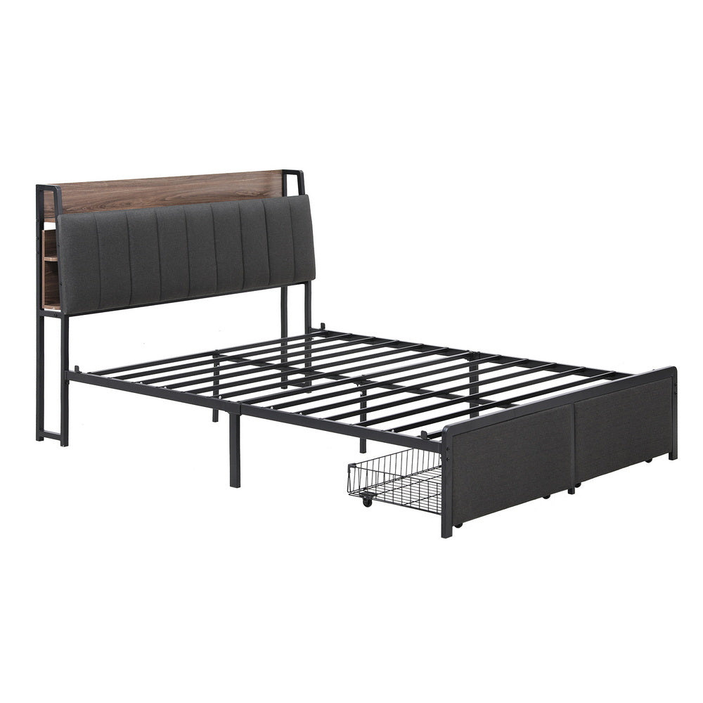 Queen Metal Bed Frame Size with 2-Tier Hidden Storage with Charging Station by Artiss