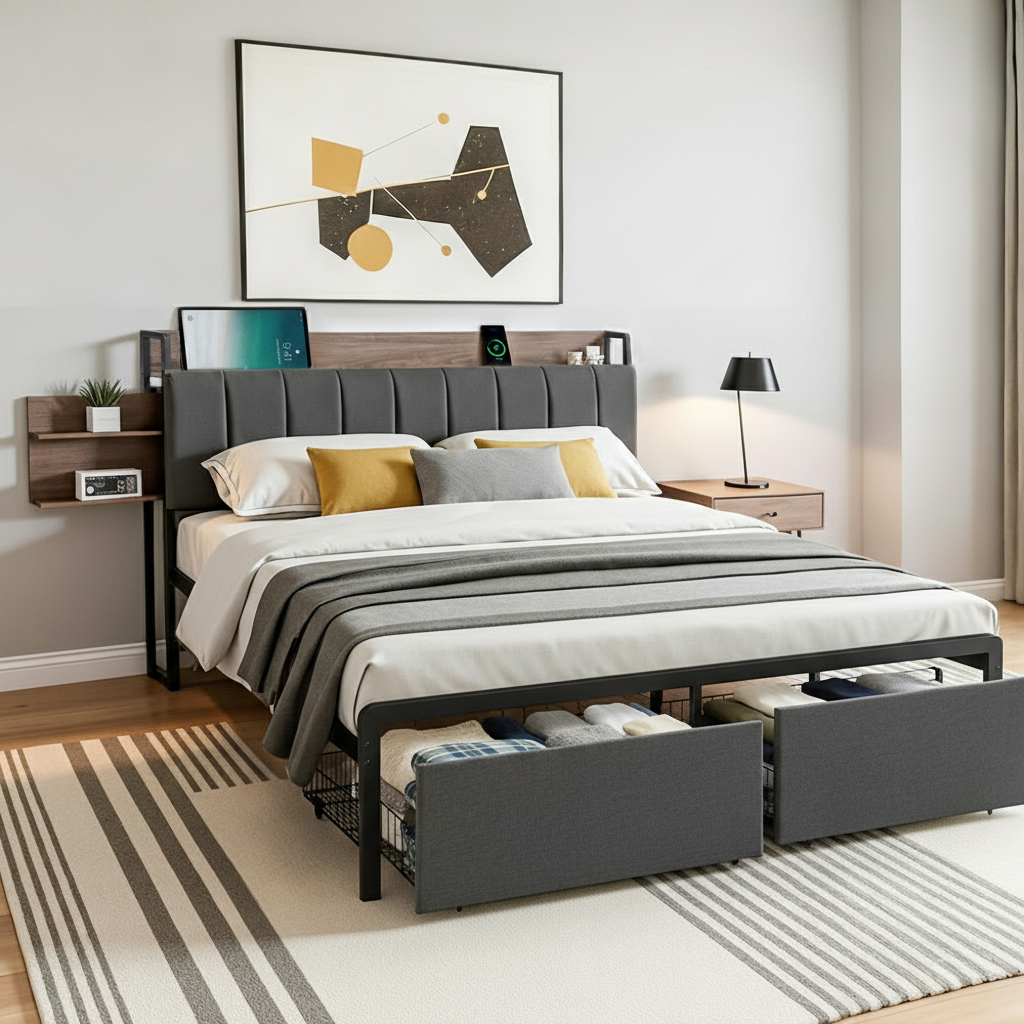 Queen Metal Bed Frame Size with 2-Tier Hidden Storage with Charging Station by Artiss