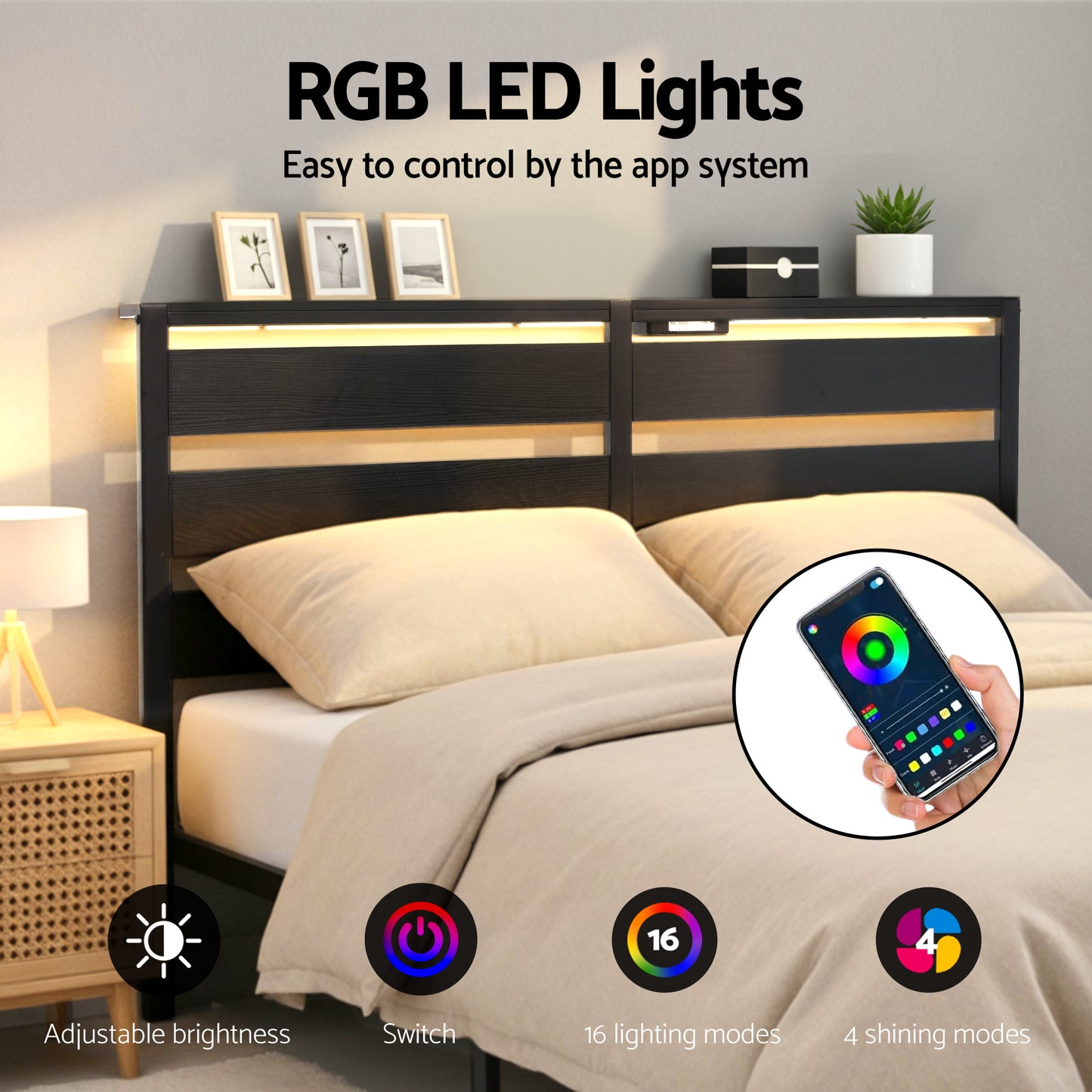 Queen Bed Frame Size LED Metal Bed Base with Charging Station by Artiss
