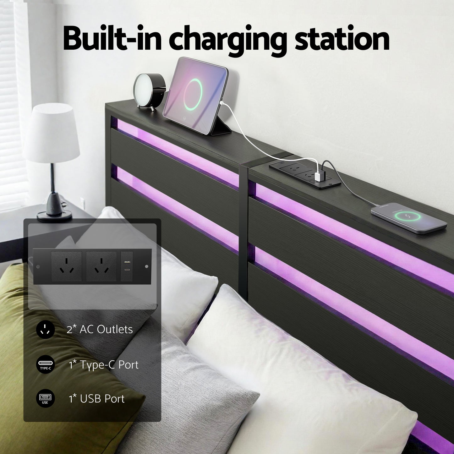 Queen Bed Frame Size LED Metal Bed Base with Charging Station by Artiss