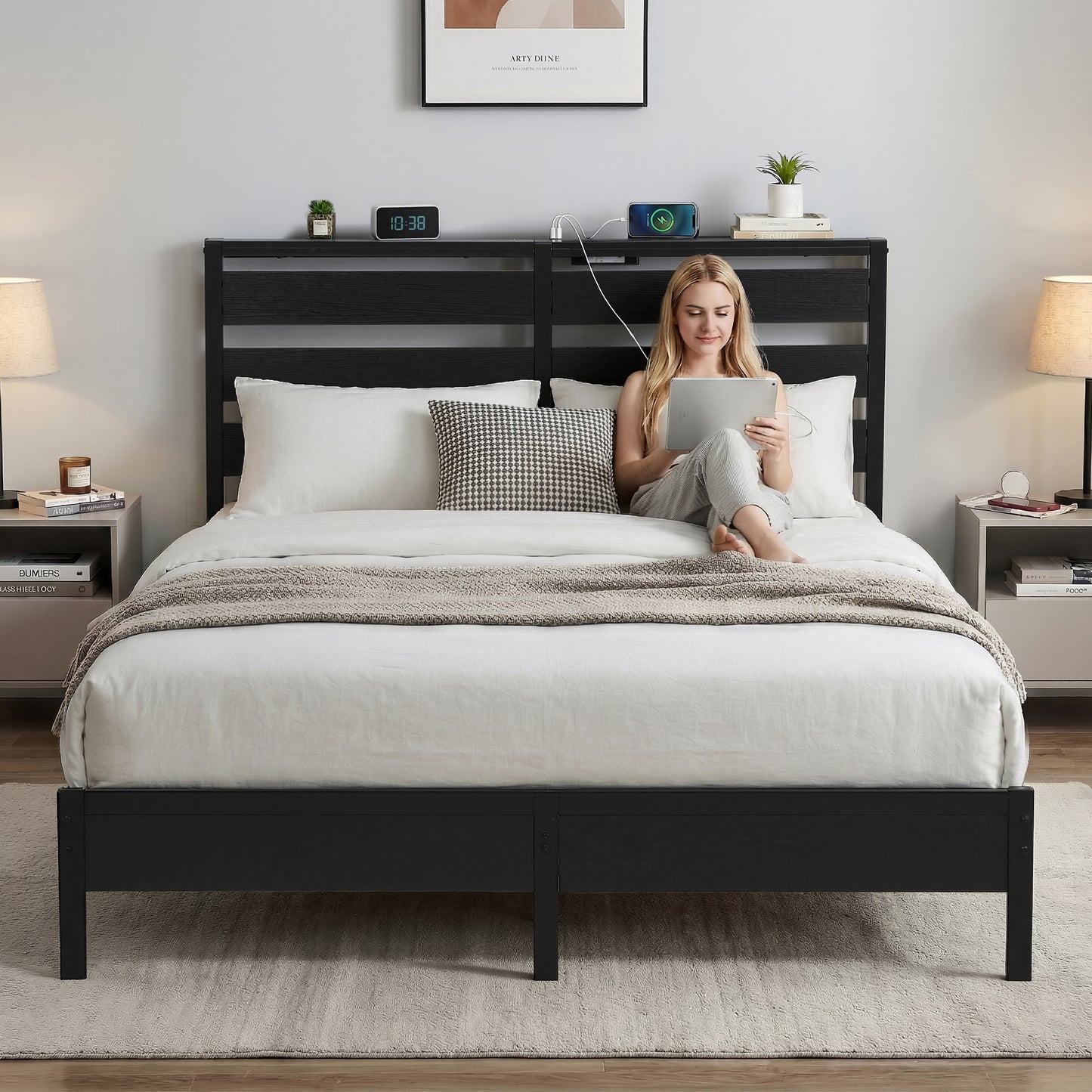 Queen Bed Frame Size LED Metal Bed Base with Charging Station by Artiss
