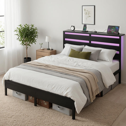 Queen Bed Frame Size LED Metal Bed Base with Charging Station by Artiss