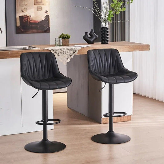 Black Modern Height Adjustable Swivel Bar Stools Upholstered Leather Barstool Kitchen Island Chairs with Metal Frame (Set of 2) By SERENITà