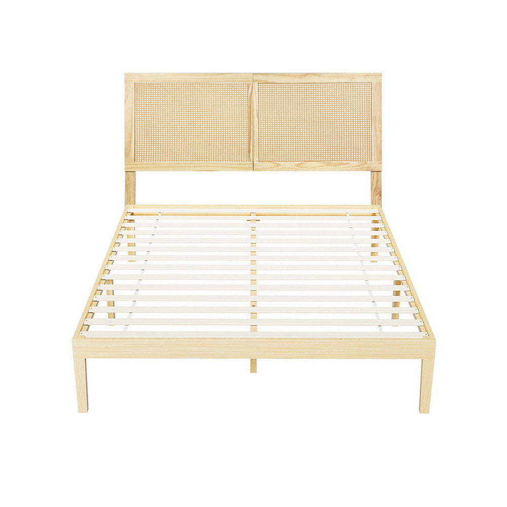 Queen Bed Frame  Size with Rattan Headboard Wooden Bed Base BRUNO by Artiss