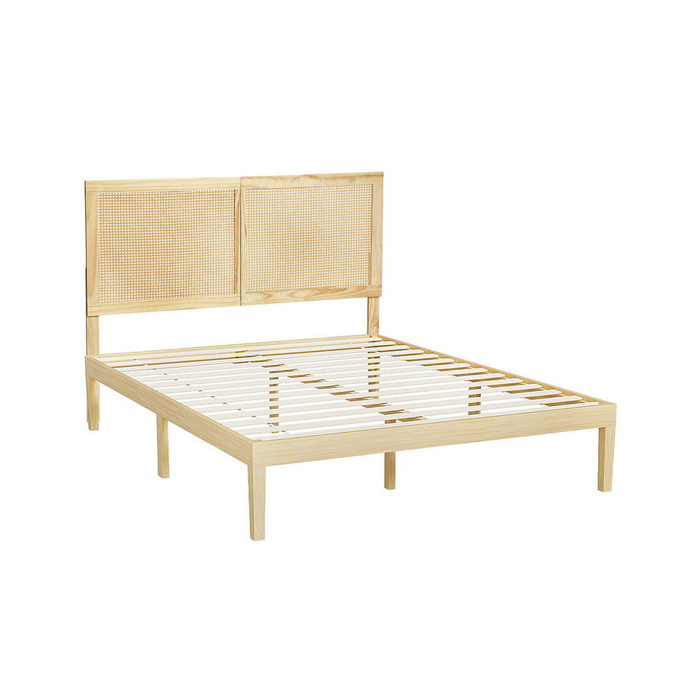 Queen Bed Frame  Size with Rattan Headboard Wooden Bed Base BRUNO by Artiss