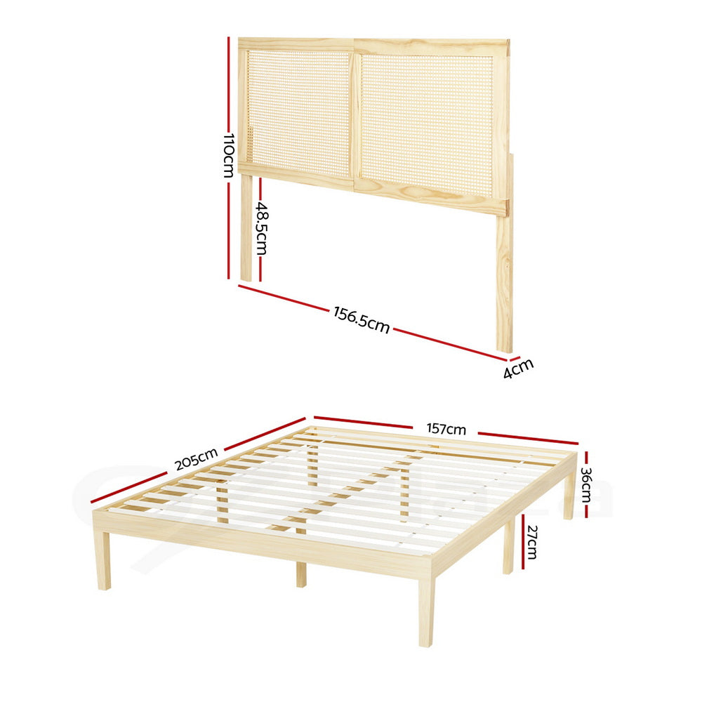 Queen Bed Frame  Size with Rattan Headboard Wooden Bed Base BRUNO by Artiss