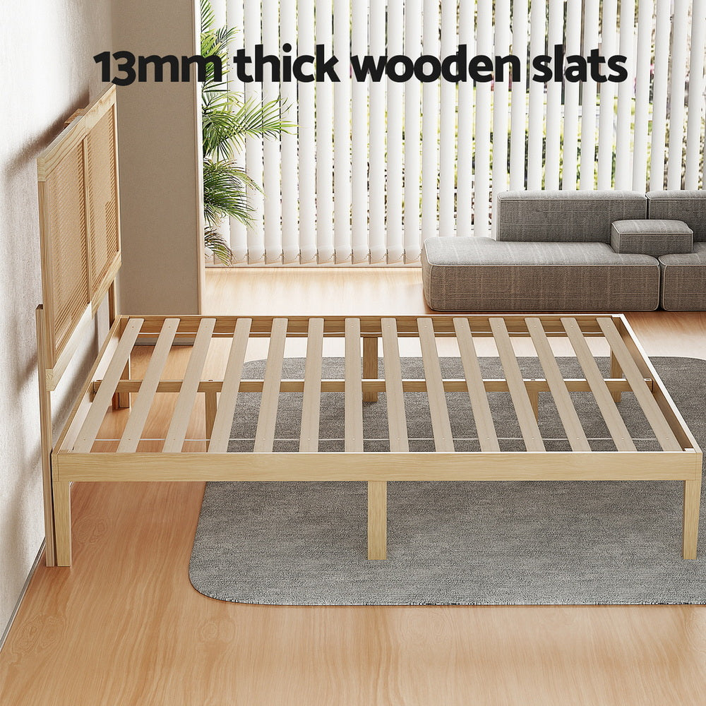 Queen Bed Frame  Size with Rattan Headboard Wooden Bed Base BRUNO by Artiss