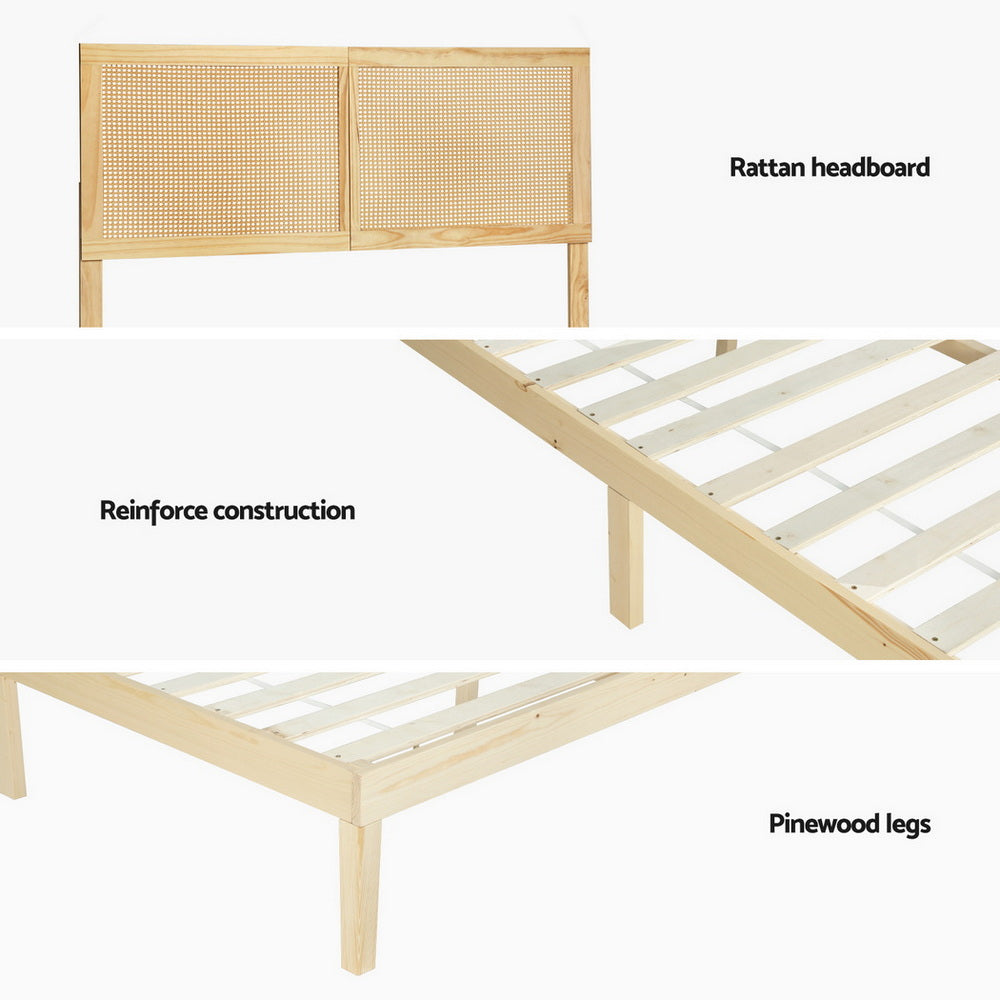 Queen Bed Frame  Size with Rattan Headboard Wooden Bed Base BRUNO by Artiss