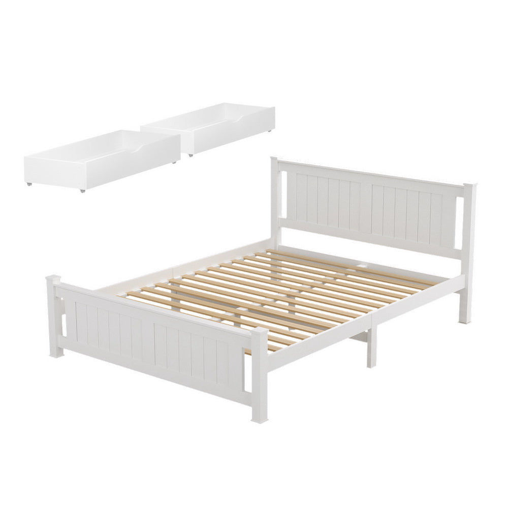 Queen Bed Frame Size Wooden Platform with 2 Storage Drawers White RIO by Artiss