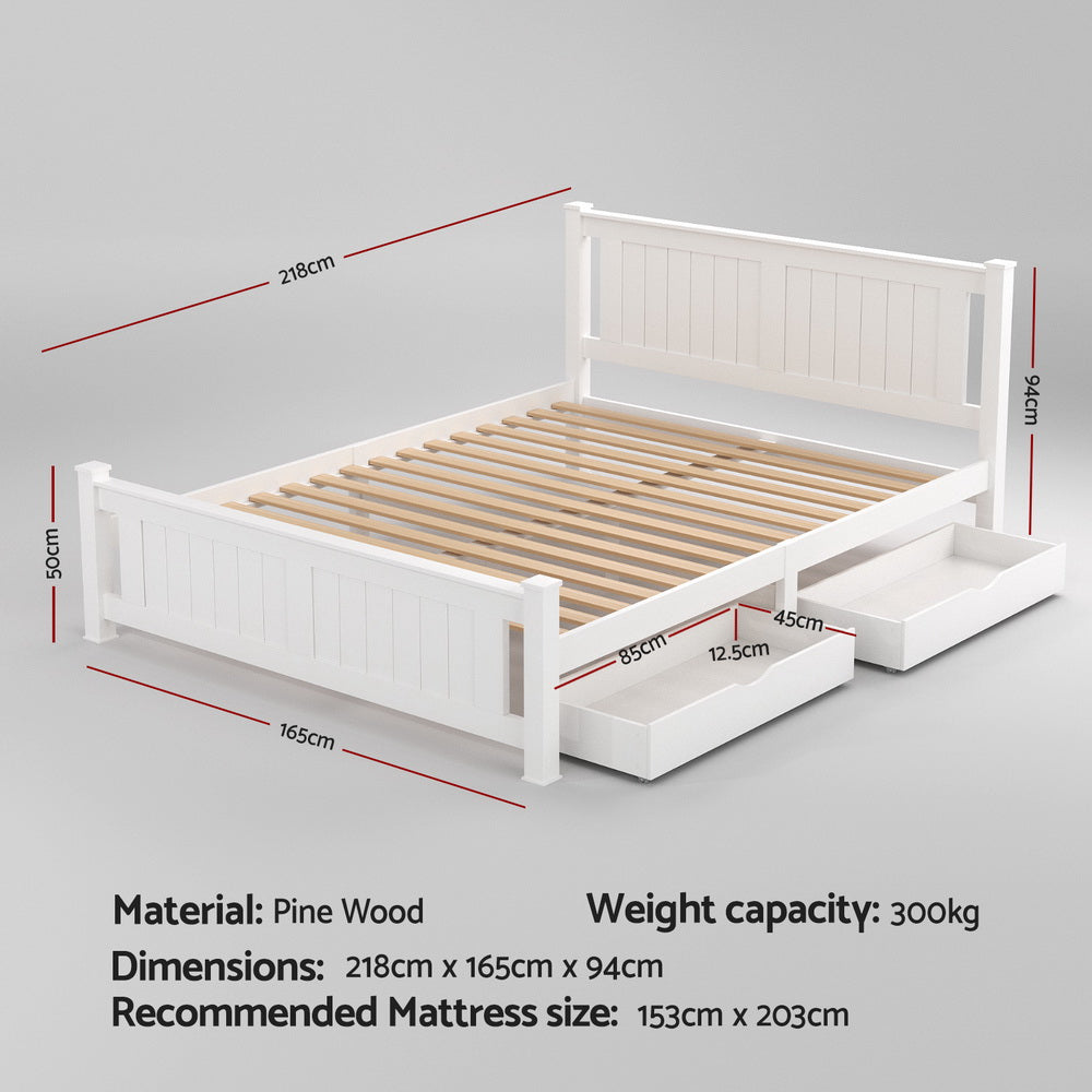 Queen Bed Frame Size Wooden Platform with 2 Storage Drawers White RIO by Artiss