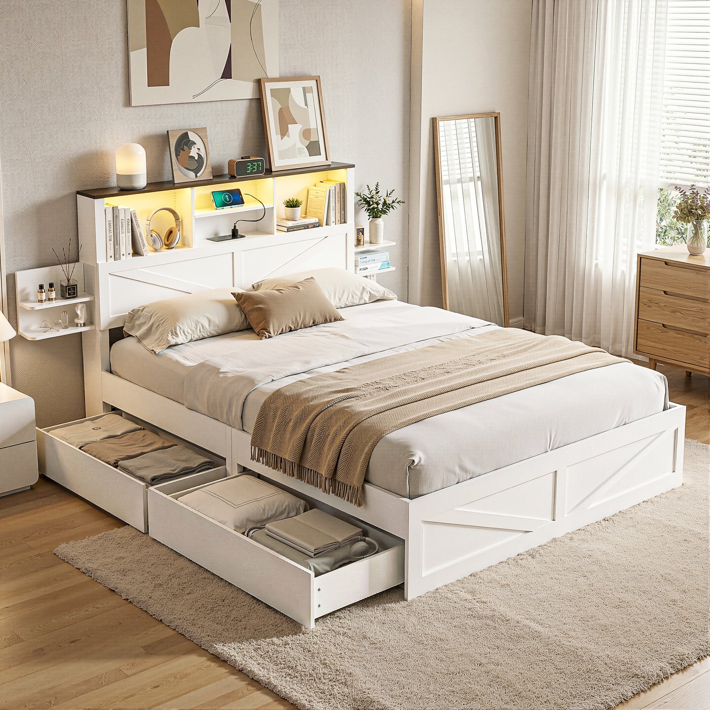 Queen Bed Frame with Storage Drawers White Platform Bedframe with Bookcase Headboard Charging Station Led Light by Artiss