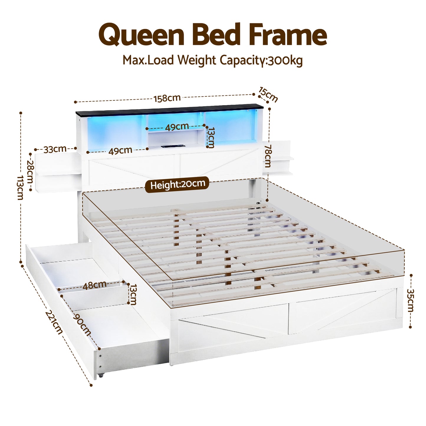 Queen Bed Frame with Storage Drawers White Platform Bedframe with Bookcase Headboard Charging Station Led Light by Artiss