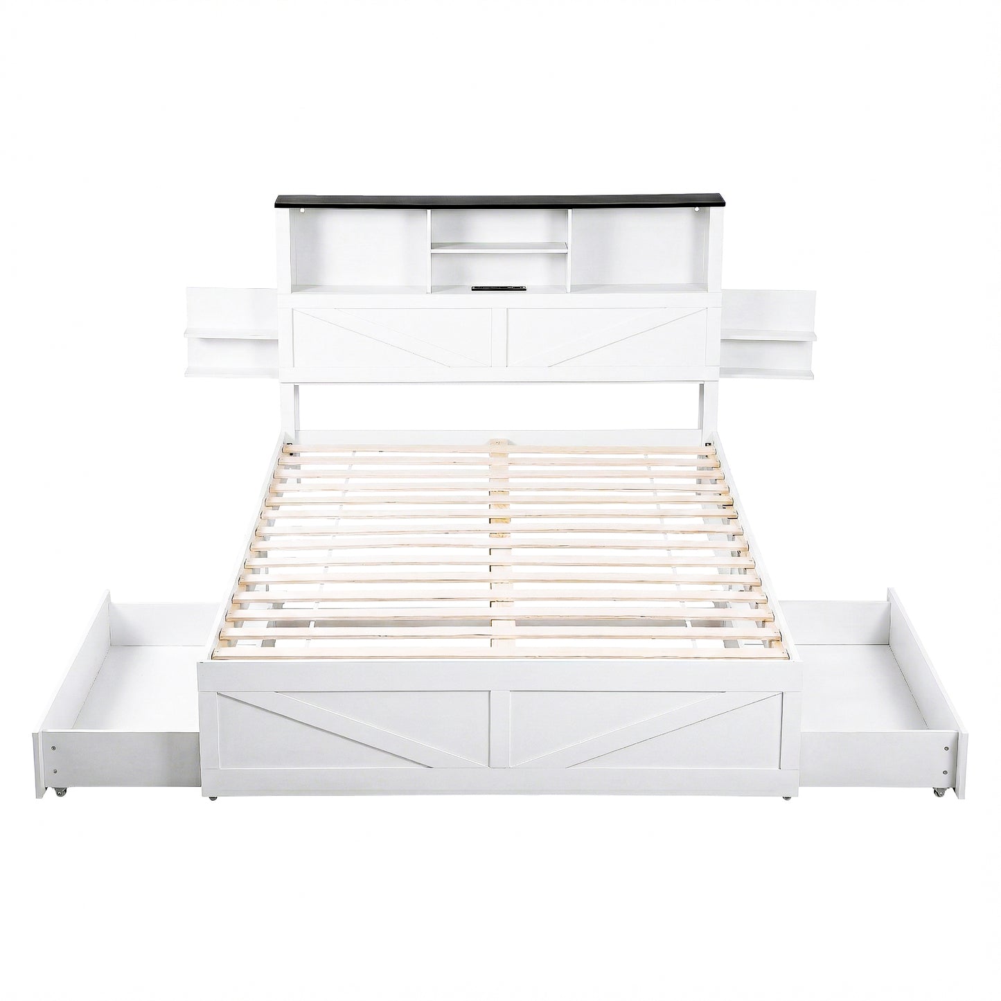 Queen Bed Frame with Storage Drawers White Platform Bedframe with Bookcase Headboard Charging Station Led Light by Artiss