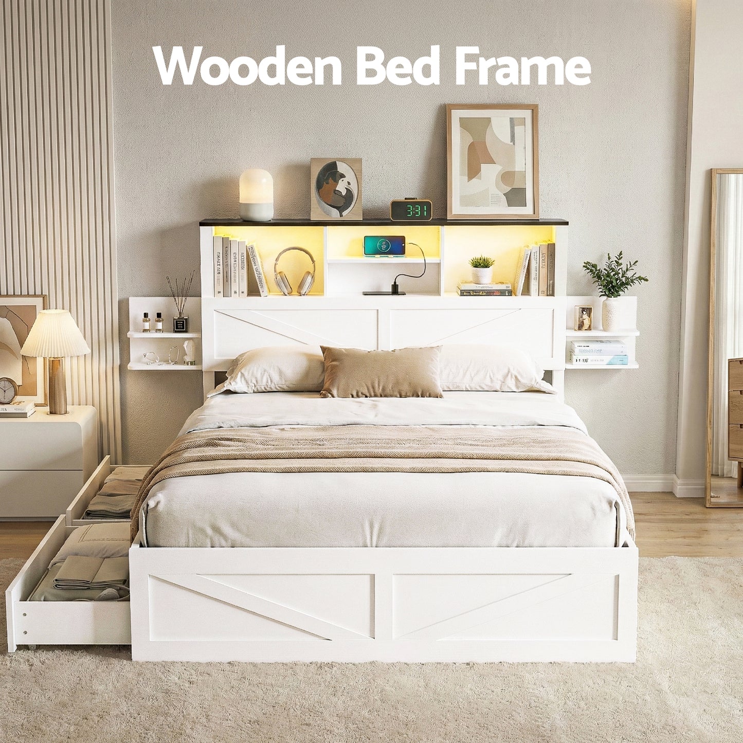 Queen Bed Frame with Storage Drawers White Platform Bedframe with Bookcase Headboard Charging Station Led Light by Artiss