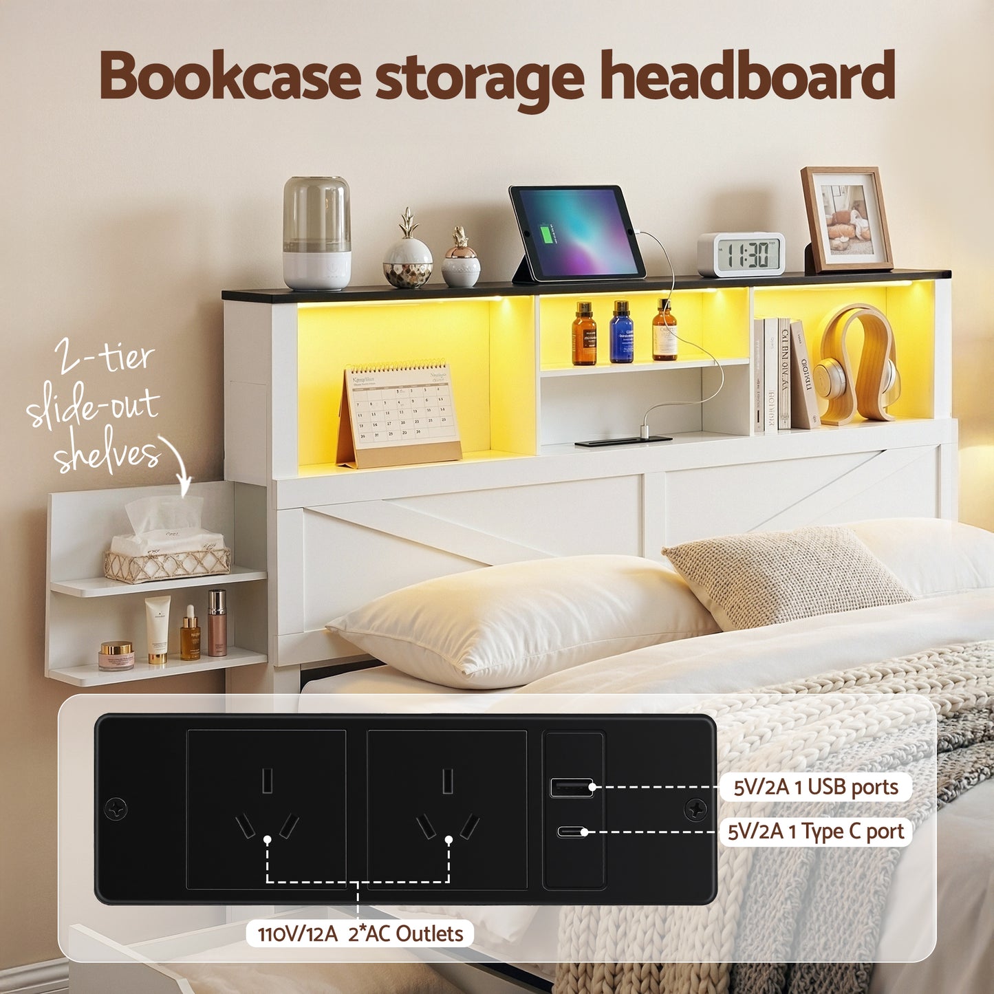 Queen Bed Frame with Storage Drawers White Platform Bedframe with Bookcase Headboard Charging Station Led Light by Artiss