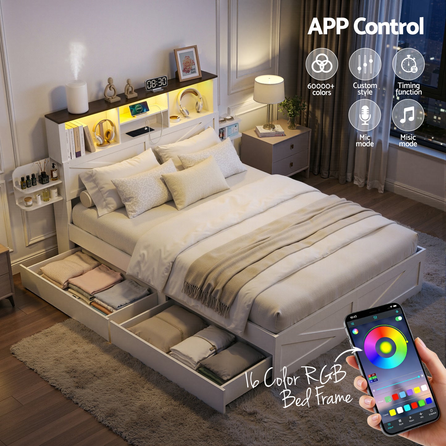 Queen Bed Frame with Storage Drawers White Platform Bedframe with Bookcase Headboard Charging Station Led Light by Artiss