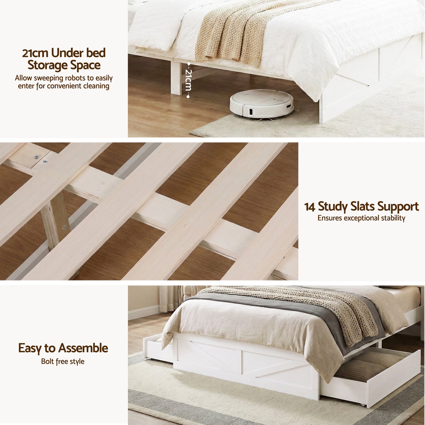 Queen Bed Frame with Storage Drawers White Platform Bedframe with Bookcase Headboard Charging Station Led Light by Artiss