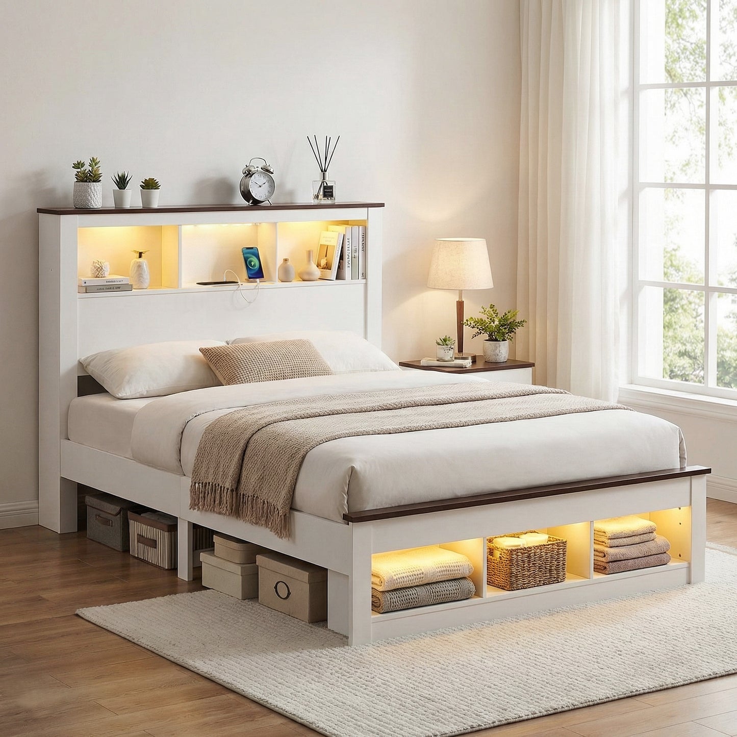 Queen Bed Frame with Storage Bookcase Headboard and Footboard White Wooden Platform Bed with Charging Station and Led by ArtissLight Bedroom Furniture