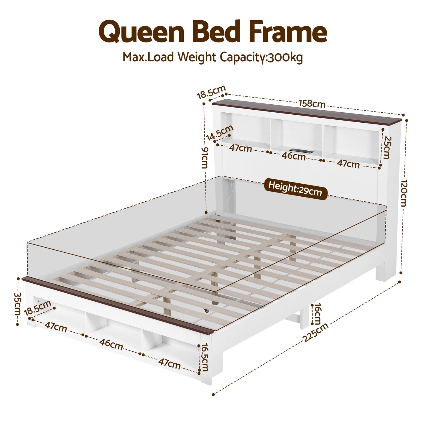 Queen Bed Frame with Storage Bookcase Headboard and Footboard White Wooden Platform Bed with Charging Station and Led by ArtissLight Bedroom Furniture