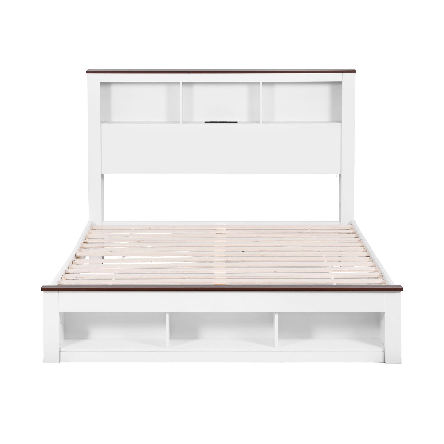 Queen Bed Frame with Storage Bookcase Headboard and Footboard White Wooden Platform Bed with Charging Station and Led by ArtissLight Bedroom Furniture