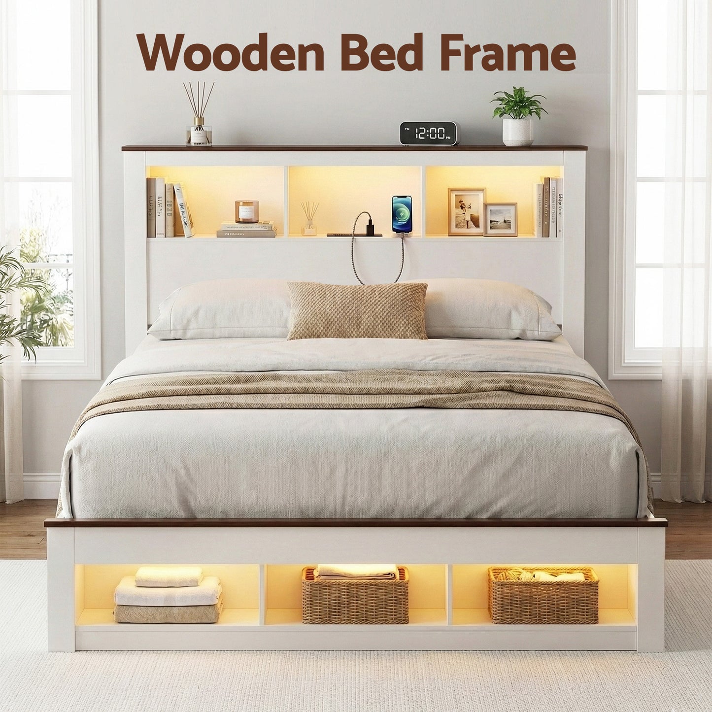 Queen Bed Frame with Storage Bookcase Headboard and Footboard White Wooden Platform Bed with Charging Station and Led by ArtissLight Bedroom Furniture
