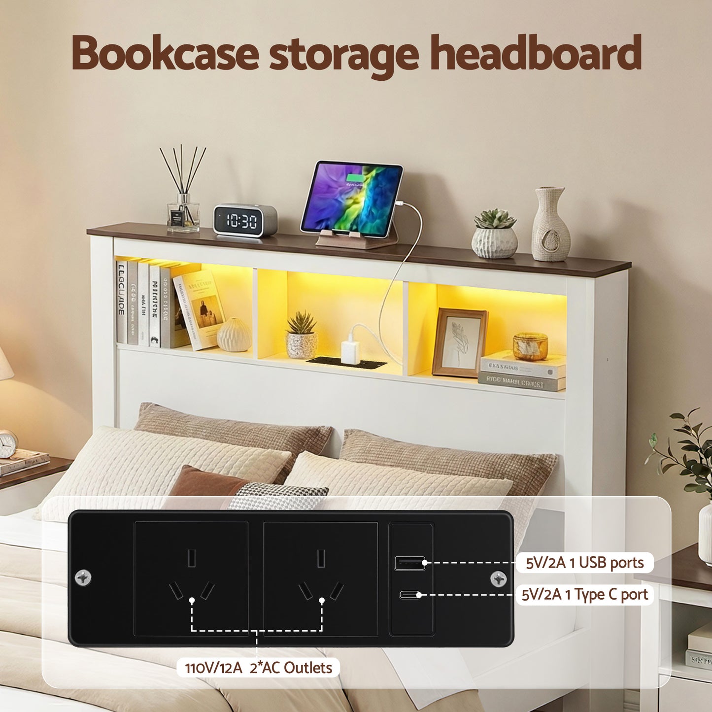 Queen Bed Frame with Storage Bookcase Headboard and Footboard White Wooden Platform Bed with Charging Station and Led by ArtissLight Bedroom Furniture