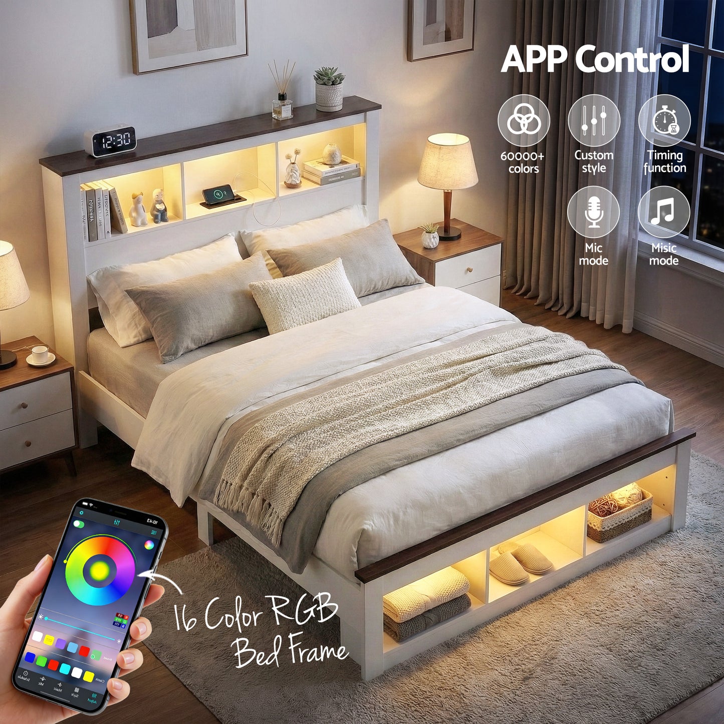 Queen Bed Frame with Storage Bookcase Headboard and Footboard White Wooden Platform Bed with Charging Station and Led by ArtissLight Bedroom Furniture