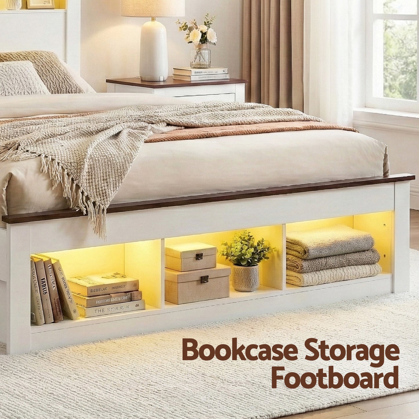 Queen Bed Frame with Storage Bookcase Headboard and Footboard White Wooden Platform Bed with Charging Station and Led by ArtissLight Bedroom Furniture