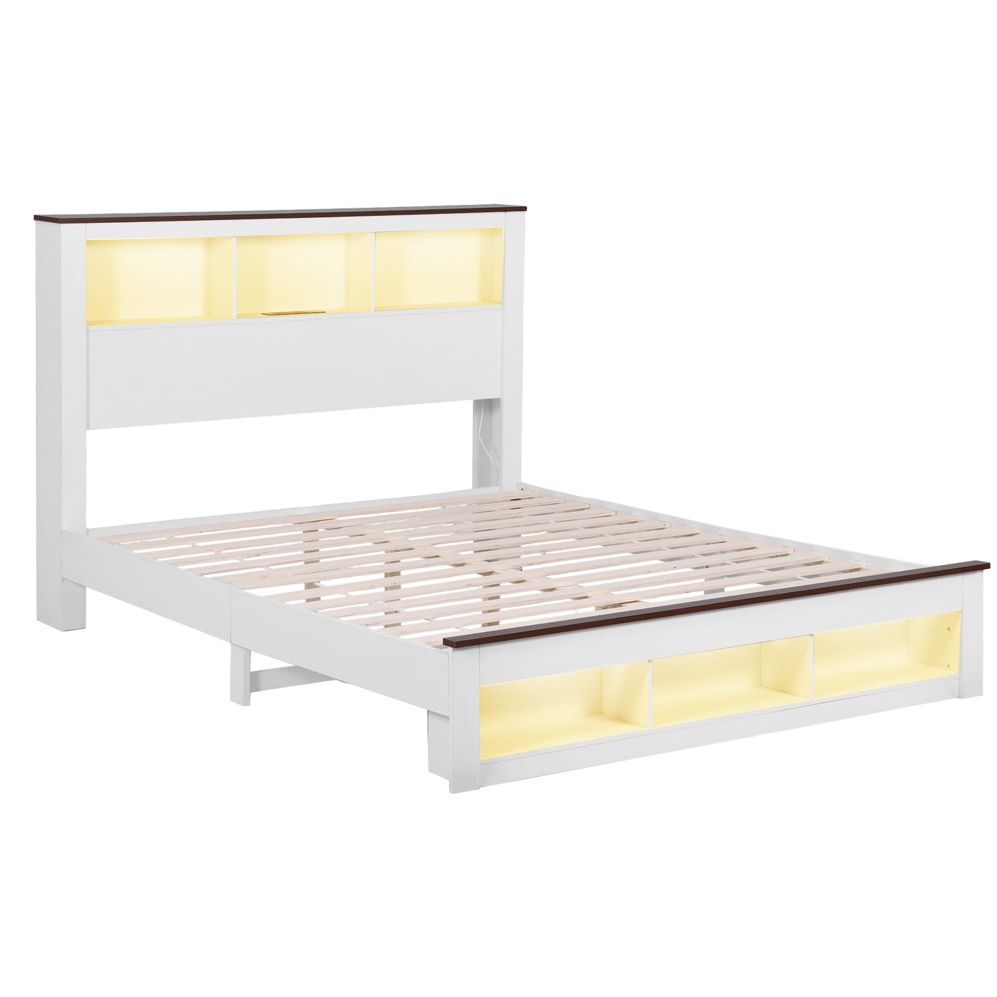 Queen Bed Frame with Storage Bookcase Headboard and Footboard White Wooden Platform Bed with Charging Station and Led by ArtissLight Bedroom Furniture