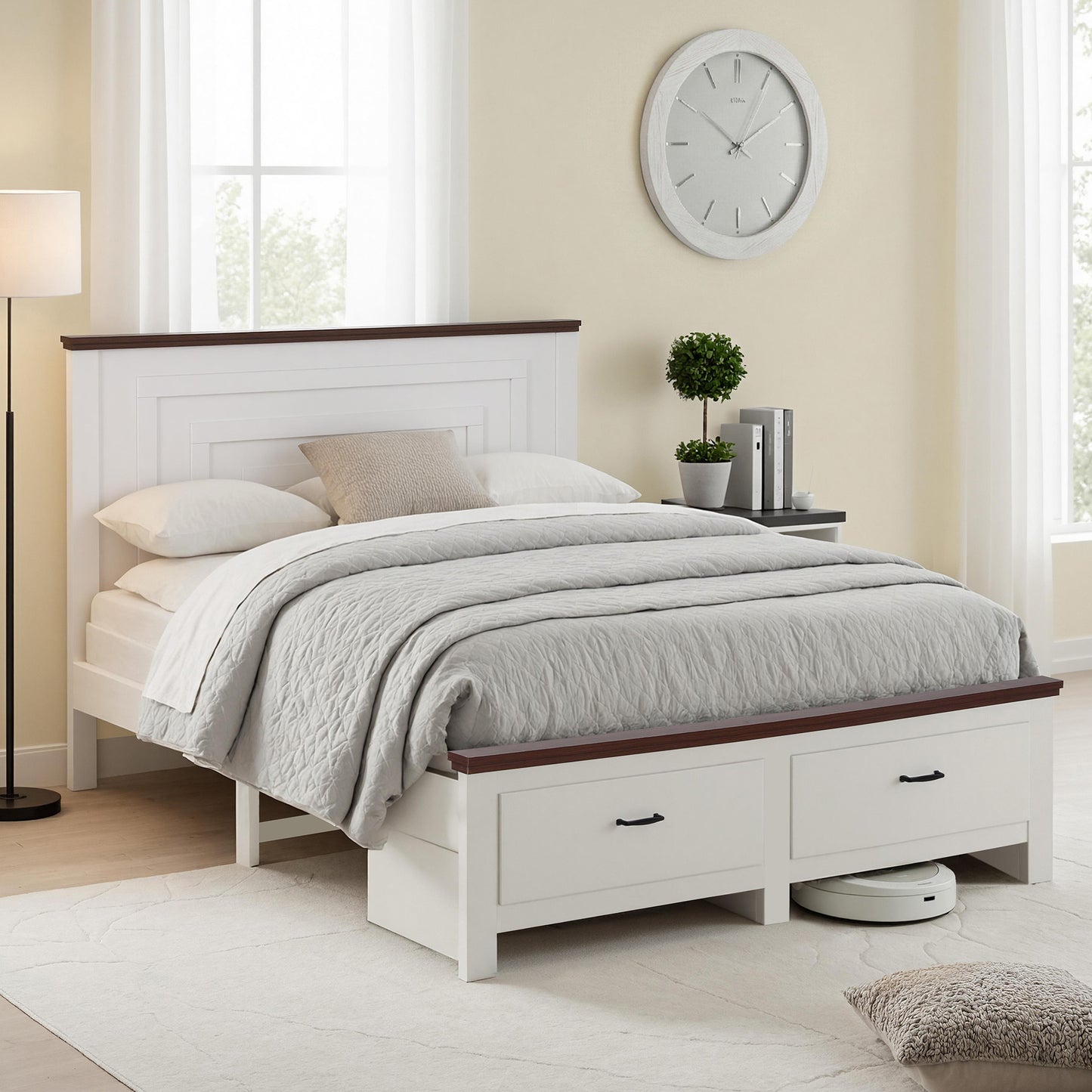 Queen Wooden Bed Frame with 2 Drawer Platform Bed with 108cm Solid High Headboard White Bed Base for Bedroom Easy Assembly by Artiss