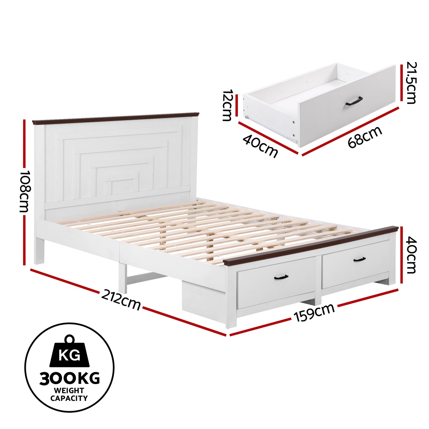 Queen Wooden Bed Frame with 2 Drawer Platform Bed with 108cm Solid High Headboard White Bed Base for Bedroom Easy Assembly by Artiss