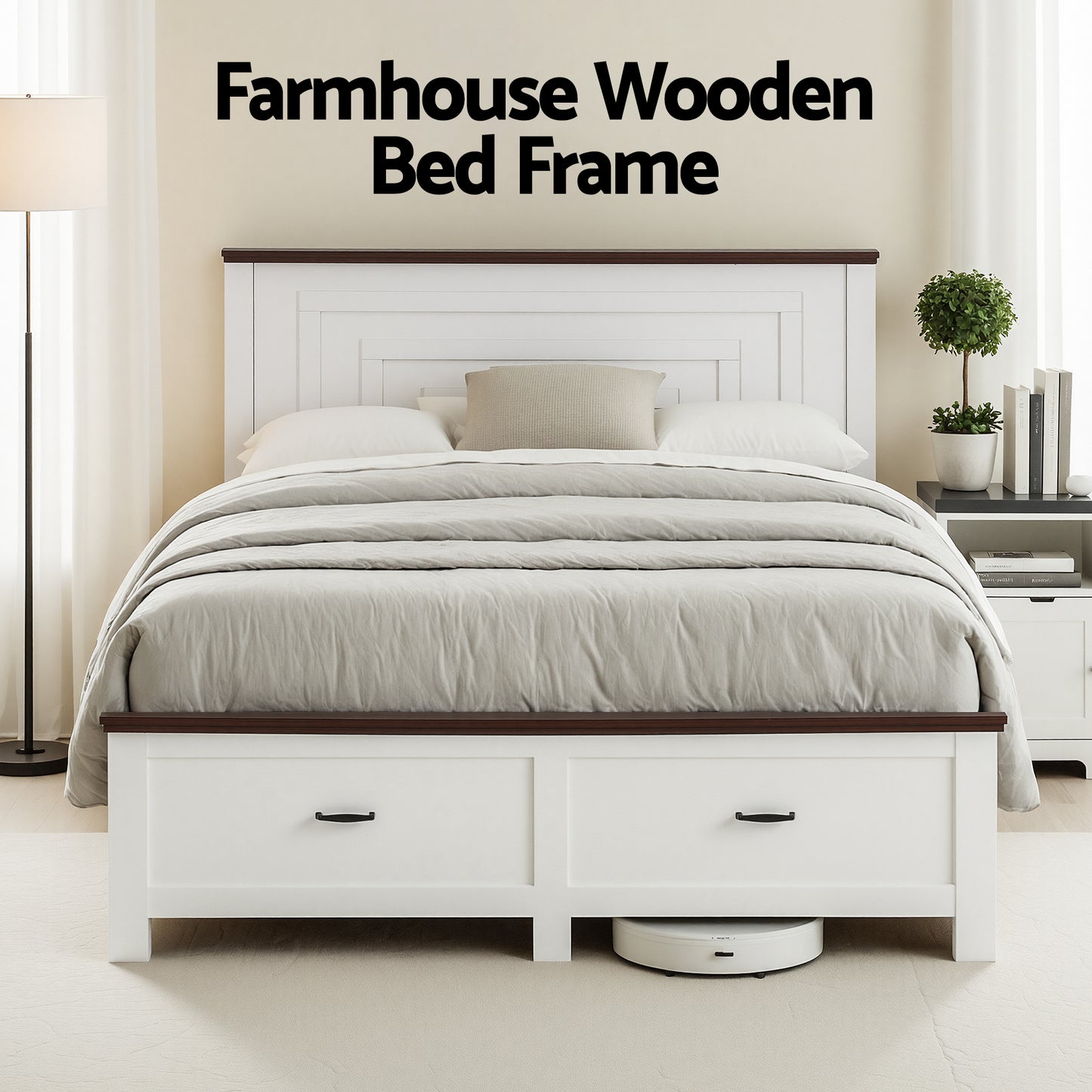 Queen Wooden Bed Frame with 2 Drawer Platform Bed with 108cm Solid High Headboard White Bed Base for Bedroom Easy Assembly by Artiss