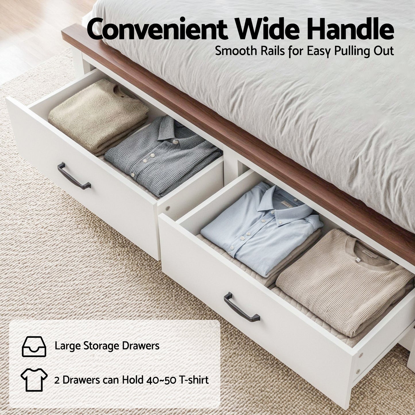 Queen Wooden Bed Frame with 2 Drawer Platform Bed with 108cm Solid High Headboard White Bed Base for Bedroom Easy Assembly by Artiss