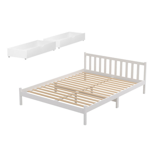 Queen Bed Frame Size Wooden Platform with 2 Storage Drawers White by Artiss
