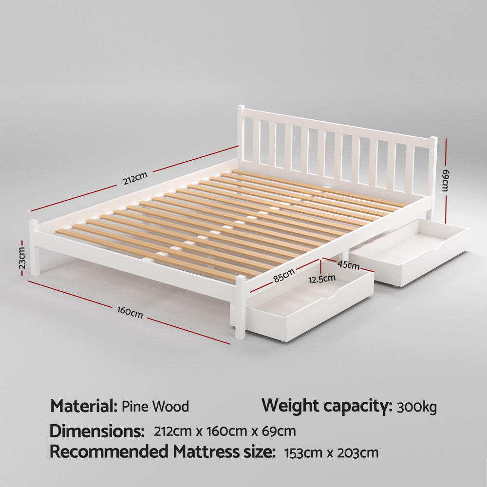 Queen Bed Frame Size Wooden Platform with 2 Storage Drawers White by Artiss