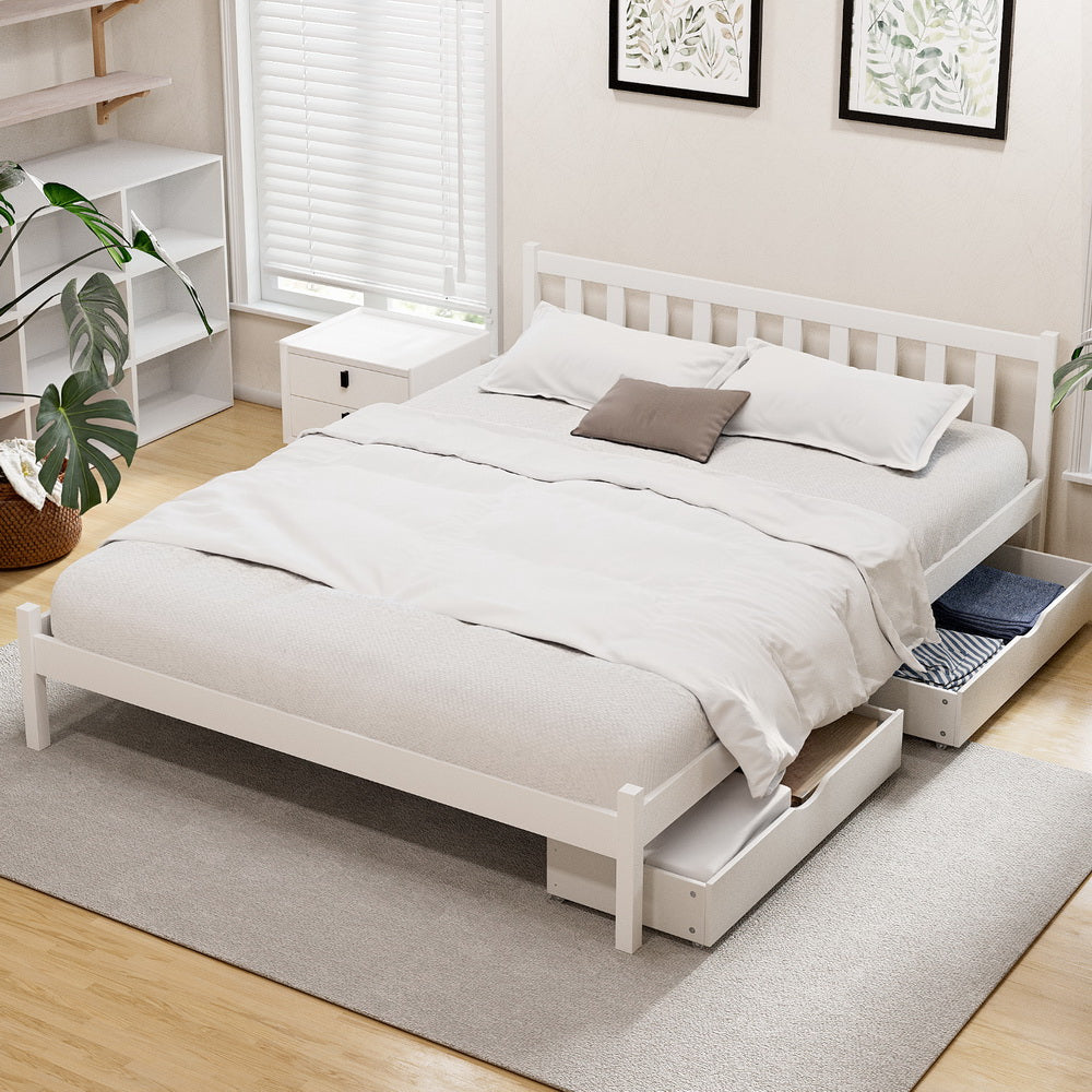 Queen Bed Frame Size Wooden Platform with 2 Storage Drawers White by Artiss
